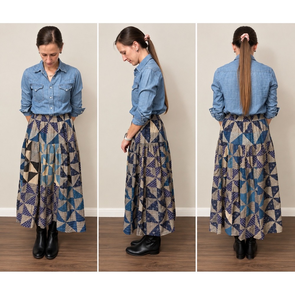 Handmade Patchwork Maxi Skirt Womens M Blue Quilted Cotton Boho Prairie Tiered